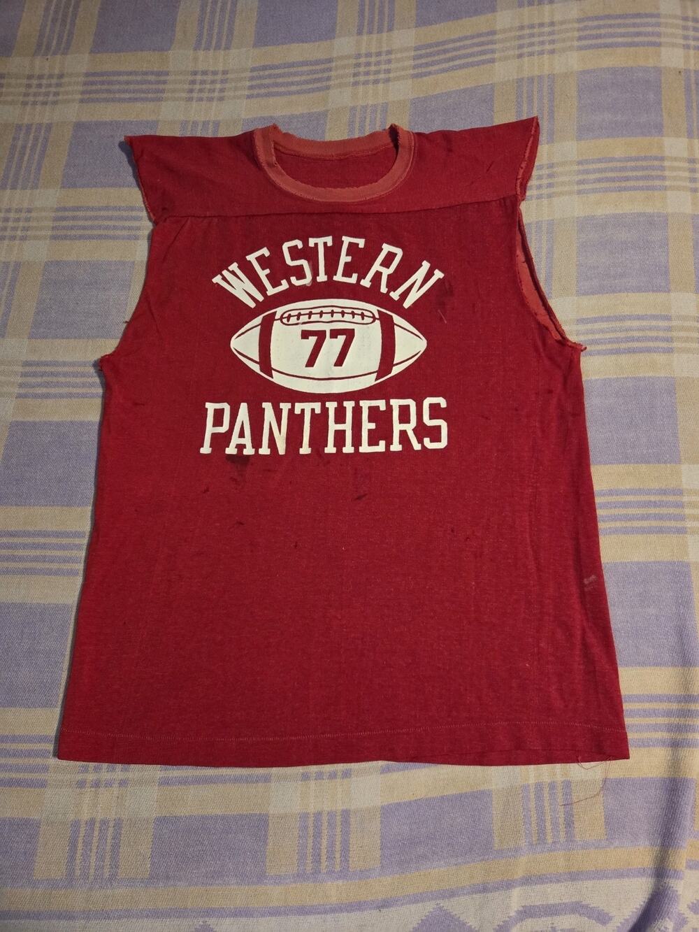 VTG 60s 70s Durene Football Jersey Western Panthers Uniform Shirt Red 77 Cut Off